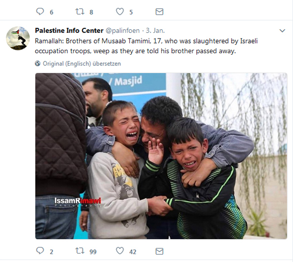 Abbildung 1: Das Hamas-geführte Palestine Info Center nutzte oft Bilder von leidenden palästinensischen Kindern, um Israel als Aggressor darzustellen.