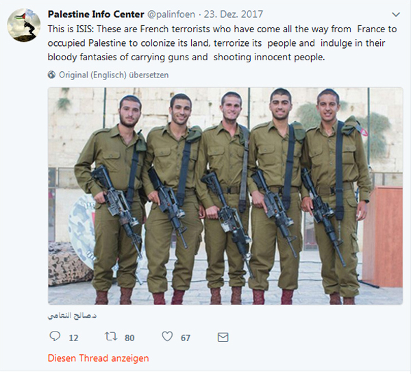 Abbildung 4: Israelis wurden auf Hamas-Kanälen lange ausschließlich als männliche Soldaten gezeigt, um weniger Empathie aufkommen zu lassen.