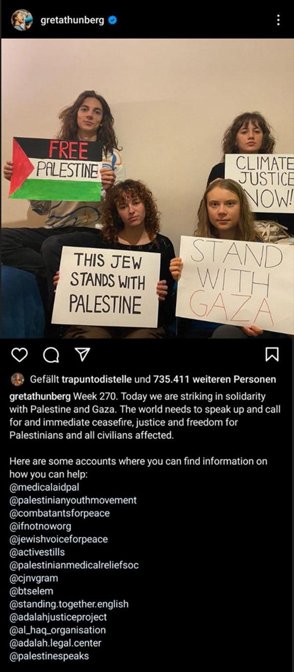 Abbildung 8: Die Klimaaktivistin Greta Thunberg empfiehlt die Accounts palestinespeaks und palestinianyouthmovement, die die Terroranschläge der Hamas offen feiern und die Täter als »Freiheitskämpfer« und »Märtyrer« bezeichnen.