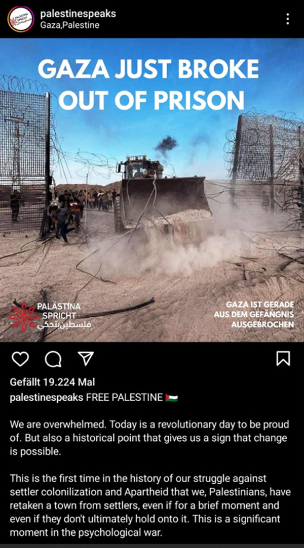 Abbildung 9: Der von Greta Thunberg empfohlene Account palestinespeaks drückt seine Solidarität mit den Terroranschlägen der Hamas aus.