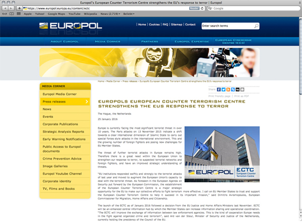Abbildung 17: Europol Website Screenshot, https://www.europol.europa.eu/content/ectc, Stand 27.9.2016.
